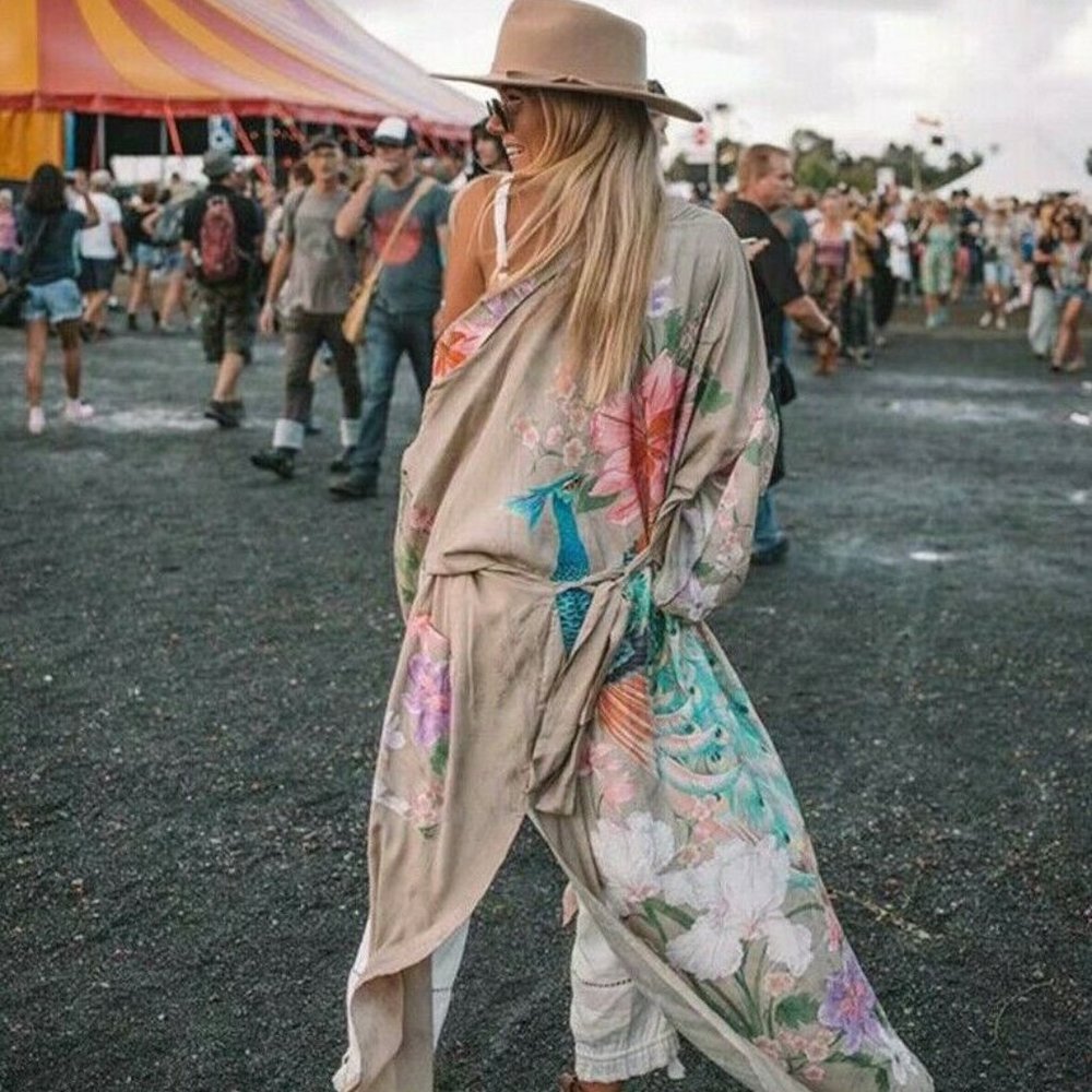 Bohemian Floral Kimono Maxi Duster Top Cardigan - Picture 2 of 6